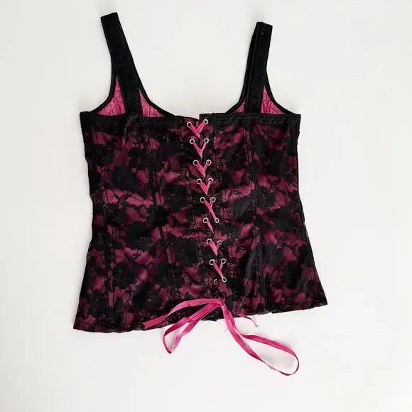 [Tripp NYC] Black Pink Y2K Floral Print Lace Hook & Eye Corset Top Size Large L - Picture 2 of 12